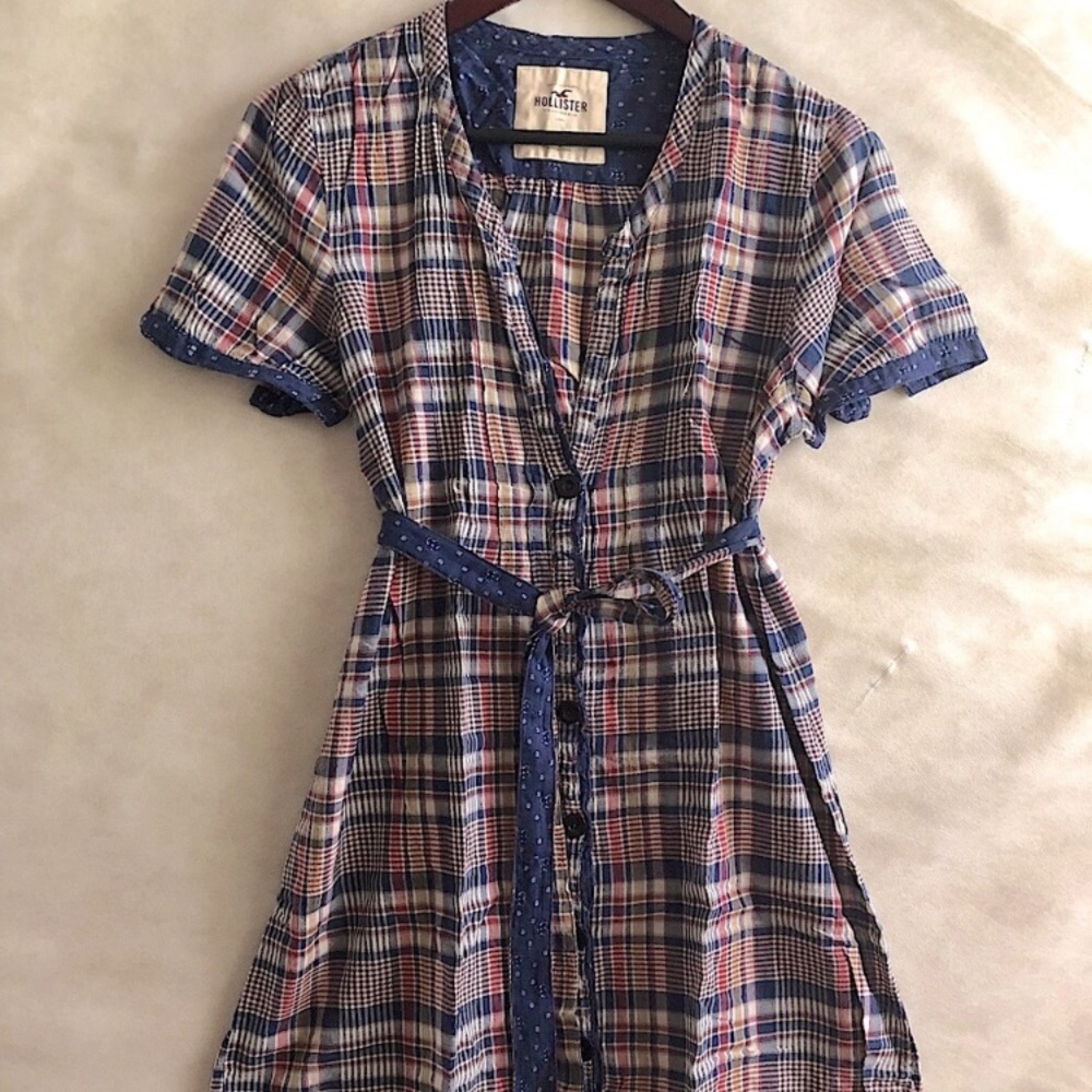 Hollister Y2K Plaid Blue red short sleeve button down dress Belt Tie Shirt Dress